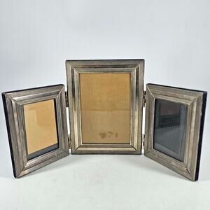 Vintage Velvet Silver Plate folding 3 part Table Photo Picture Frame